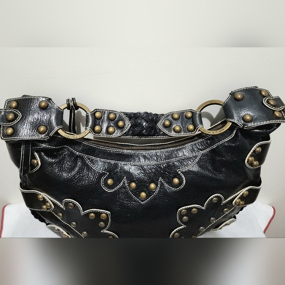 Isabella Fiore Black Leather Studded Braided Hobo Shoulder Bag Boho Western Chic - Picture 9 of 15